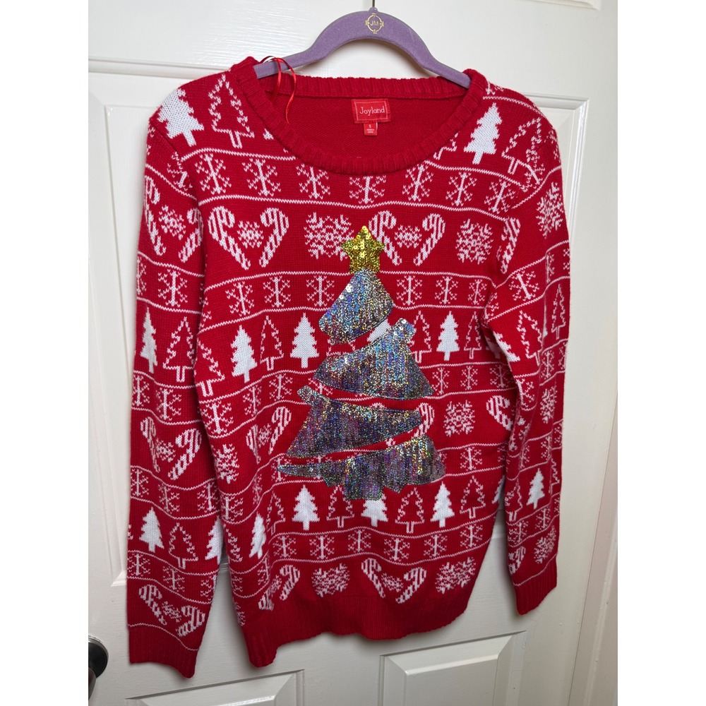 Joyland Womens Red Sequin Christmas Tree Fair Isle Holiday Sweater Small